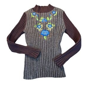 Sundance Brown Ribbed Mock-neck Sweater Large Floral Embroidery Silk, Wool, Flaw
